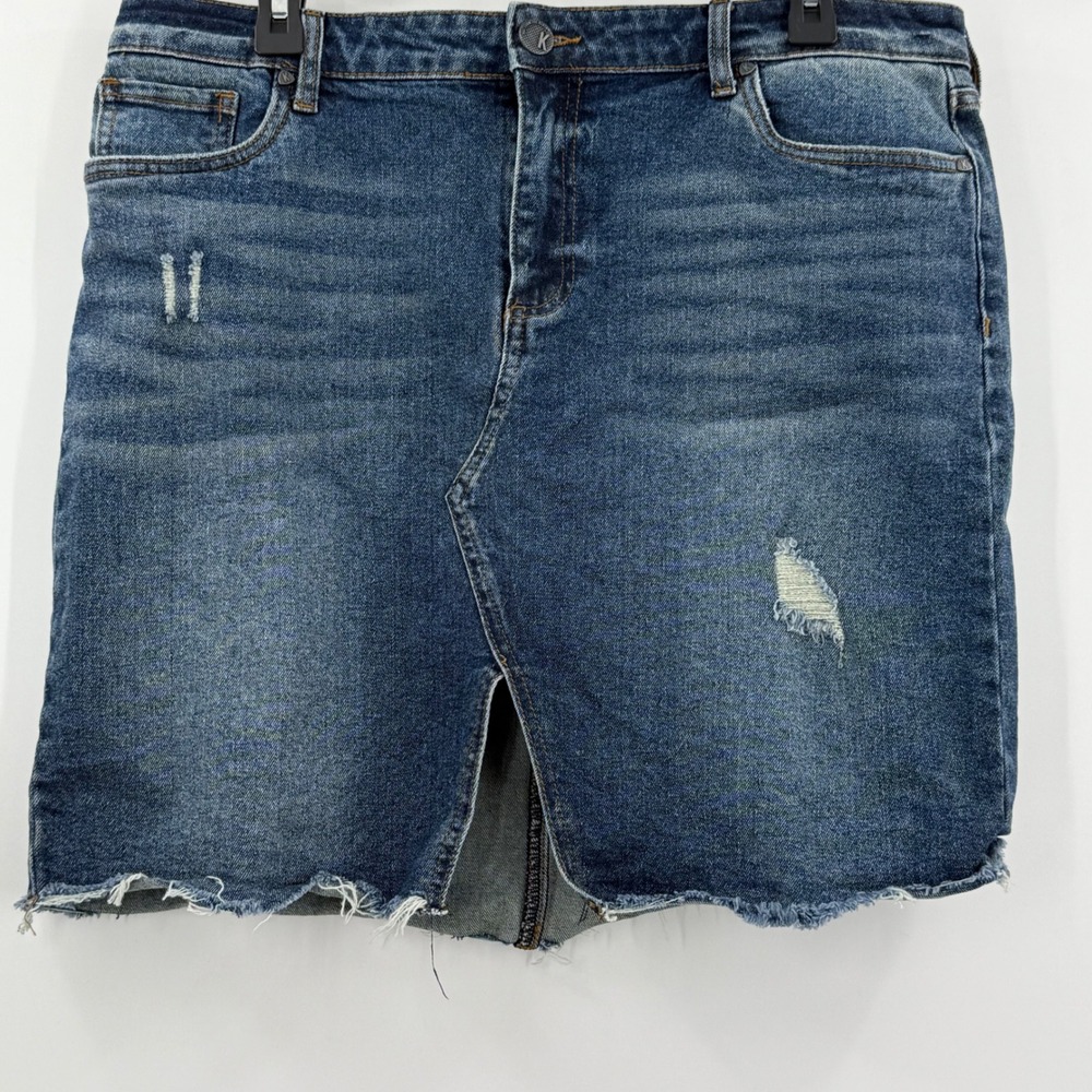 KUT from the Kloth Hannah Denim Skirt Distressed Frayed Hem Stretch Blue Size 14